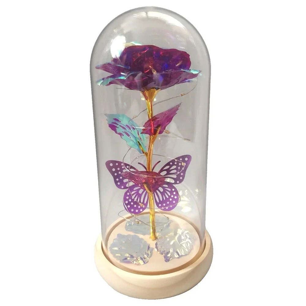 Rose & Butterfly Glass Dome Flower Light Up Purple Gift for Women Birthday w Box